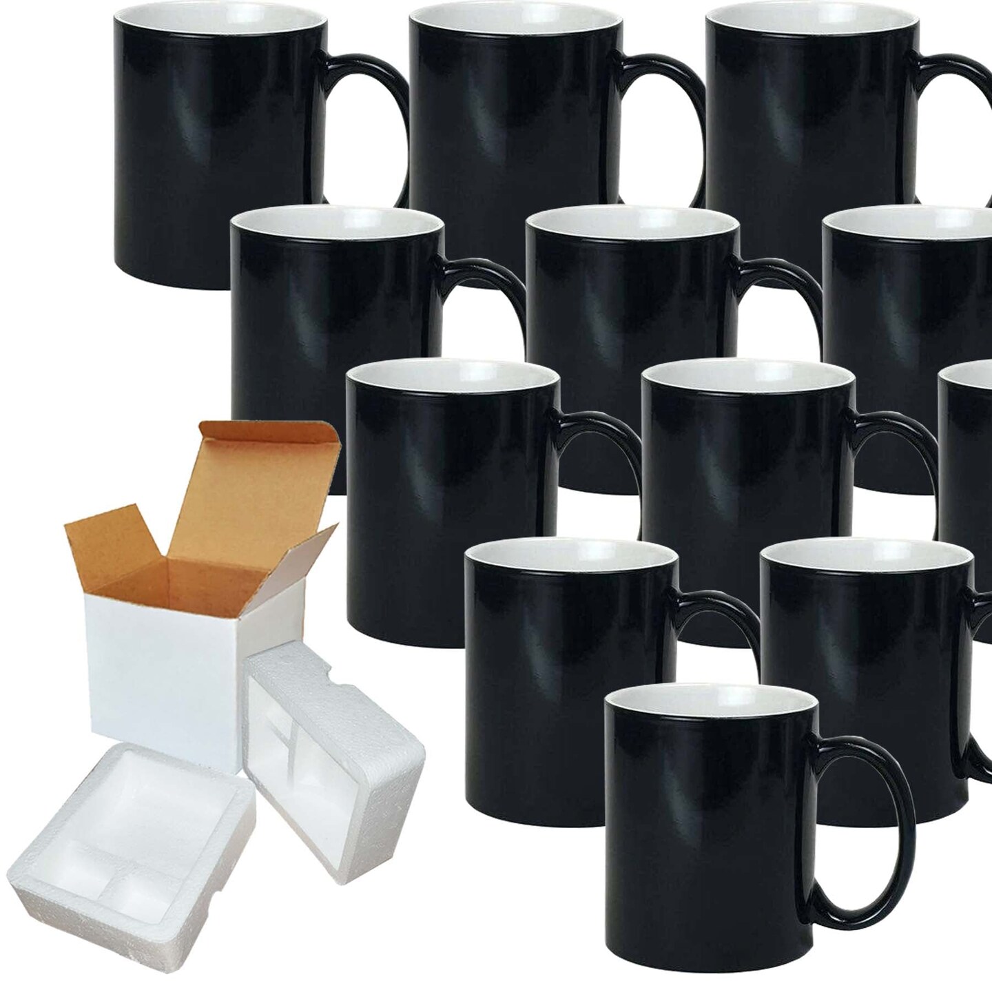 12 PCS 11 oz. Color Changing Mug Glossy Black With Gift Mug Box. Mugs - Cardboard Box with Foam Supports Case of 12