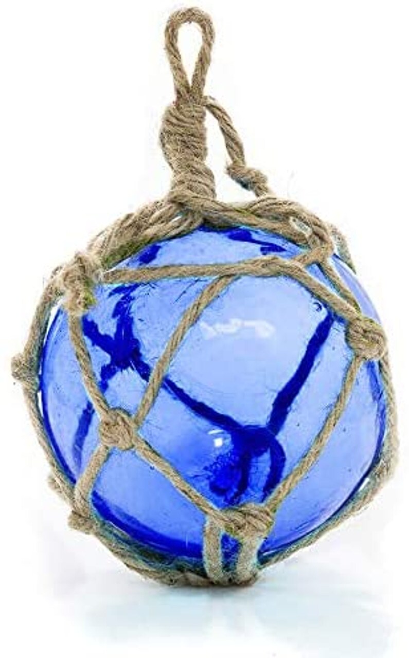 Glass Fishing Float, 5 Cobalt Blue Japanese Glass Buoy with Rope