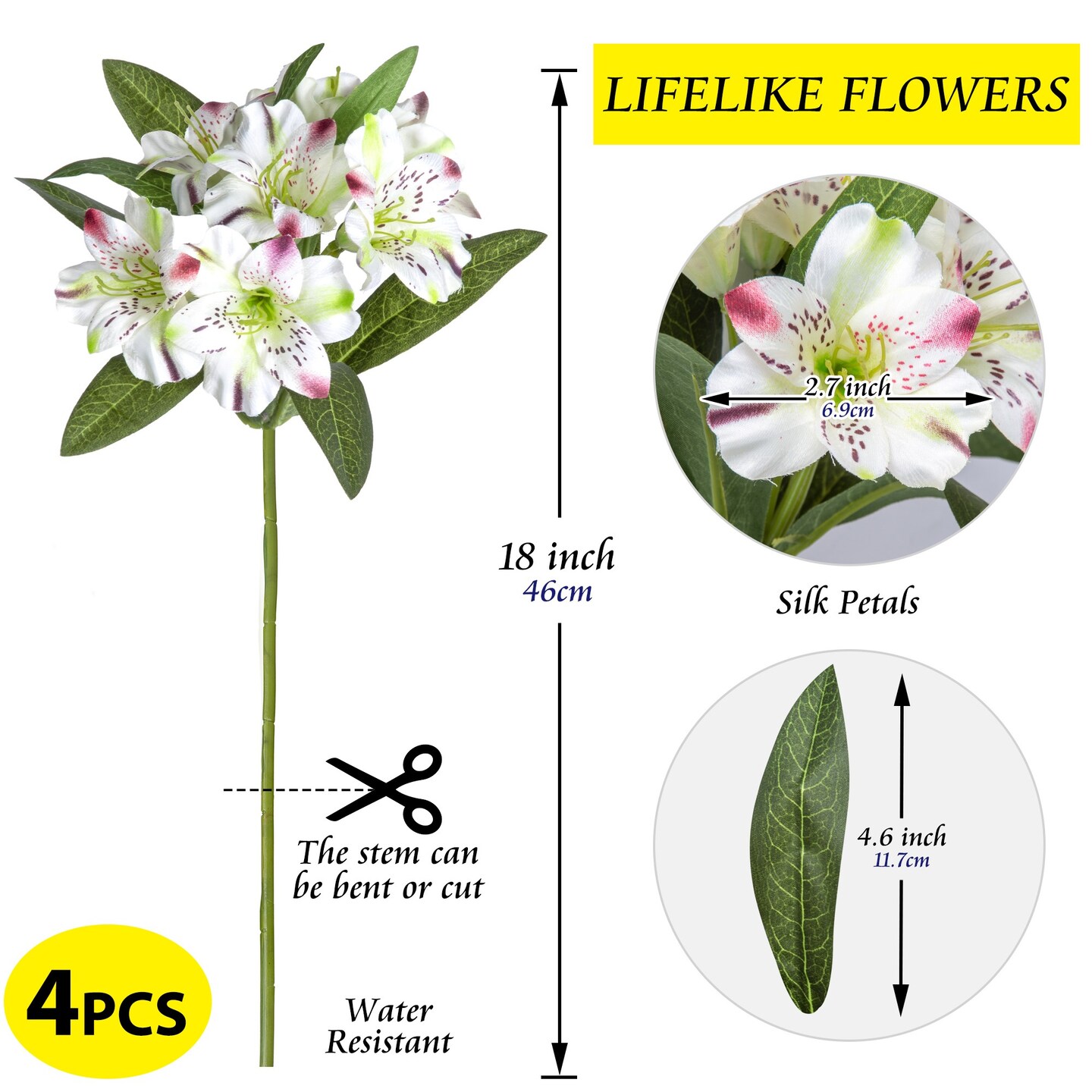Alstroemeria Artificial Flowers Bulk Peruvian Lily Faux Bouquet 18” Long Stems Silk Petals Wedding Decoration, 4pcs