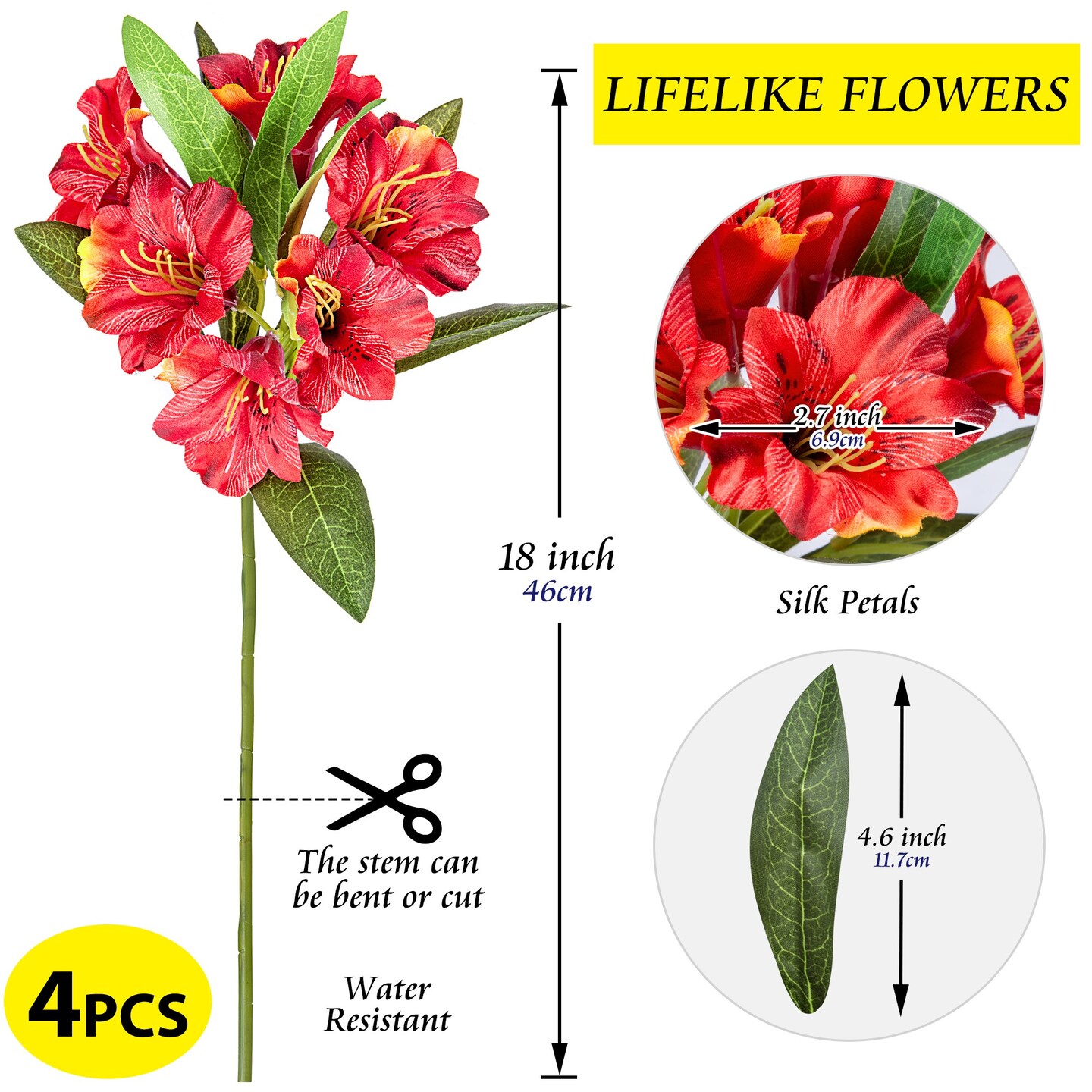 Alstroemeria Artificial Flowers Bulk Peruvian Lily Faux Bouquet 18&#x201D; Long Stems Silk Petals Wedding Decoration, 4pcs