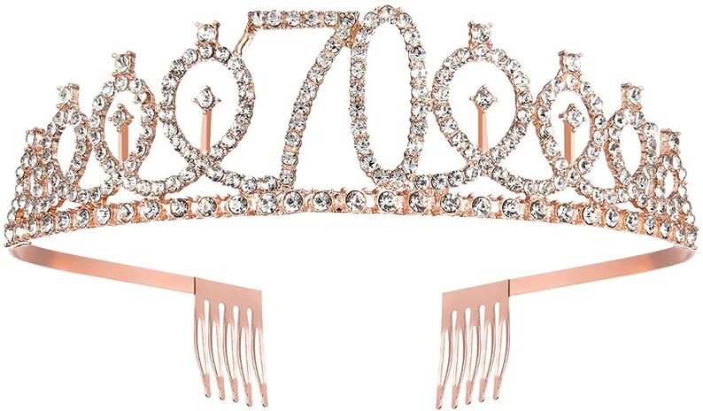 70th Birthday Tiara and Glitter Sash Rose Gold Woman