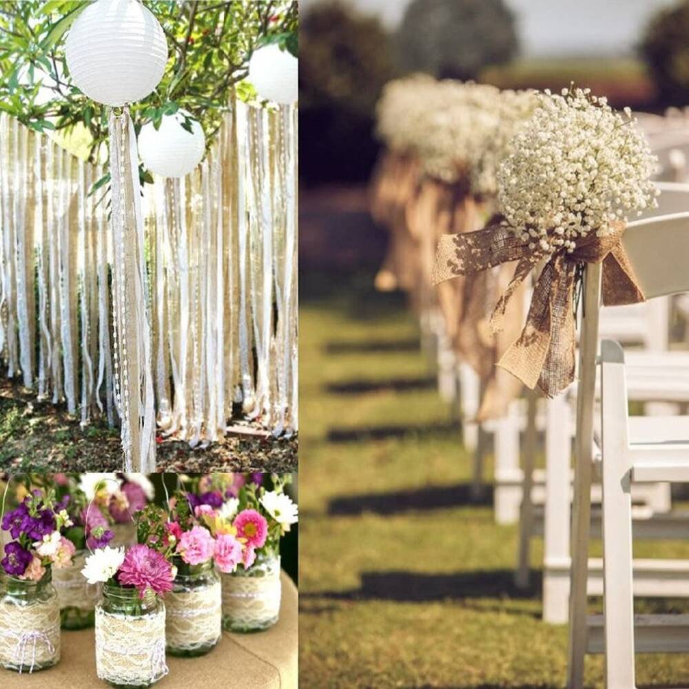 Burlap Ribbon with White Lace – 6 Rolls Rustic Ribbon for DIY Crafts, Candle Decor, Wedding & Party Decorations