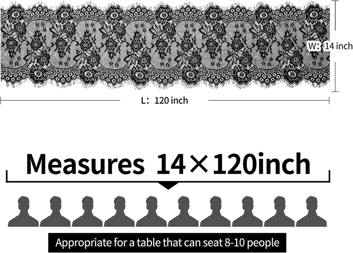 Lace Table Runner Vintage Black Lace Rustic Wedding Table Decor 14 x 120 inches Long