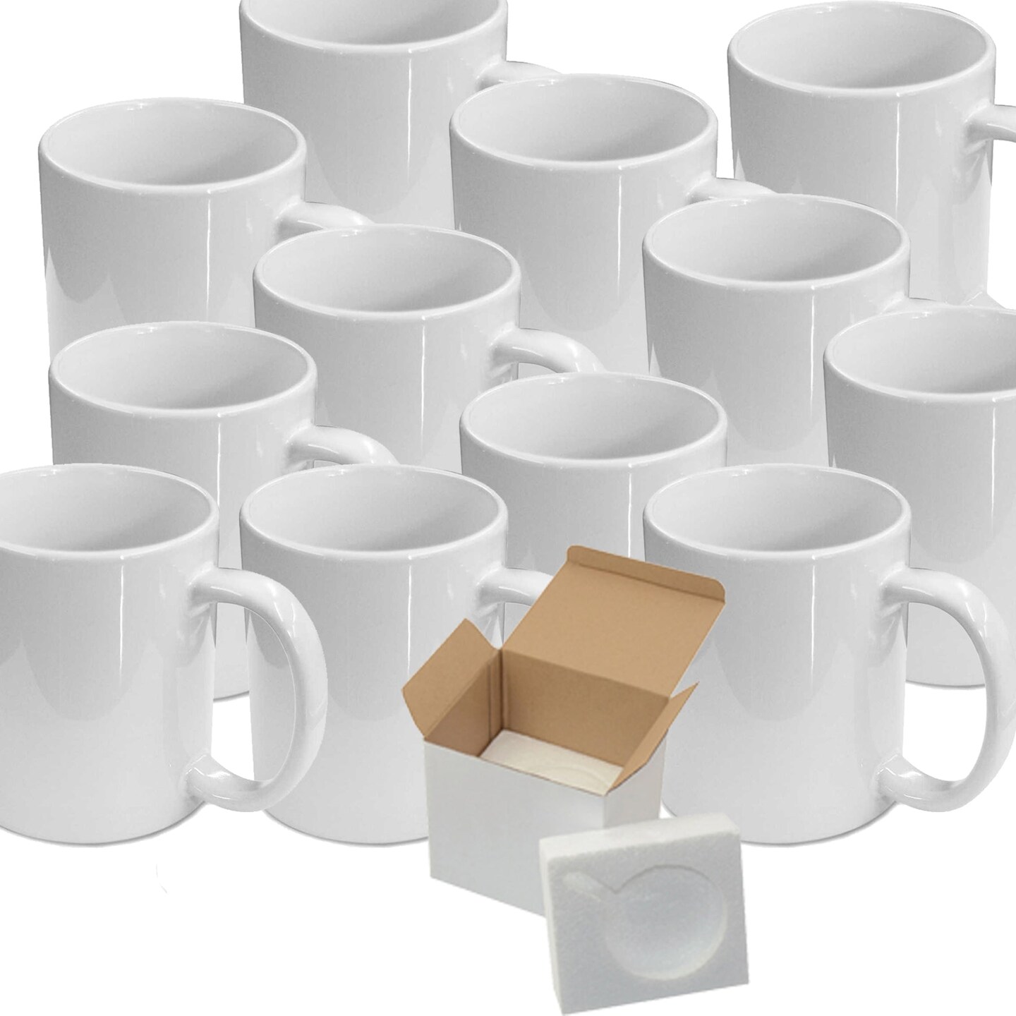 Case of 12 11oz Sublimation Mugs With Gift Mug Box. Mugs - Cardboard Box with Foam Supports