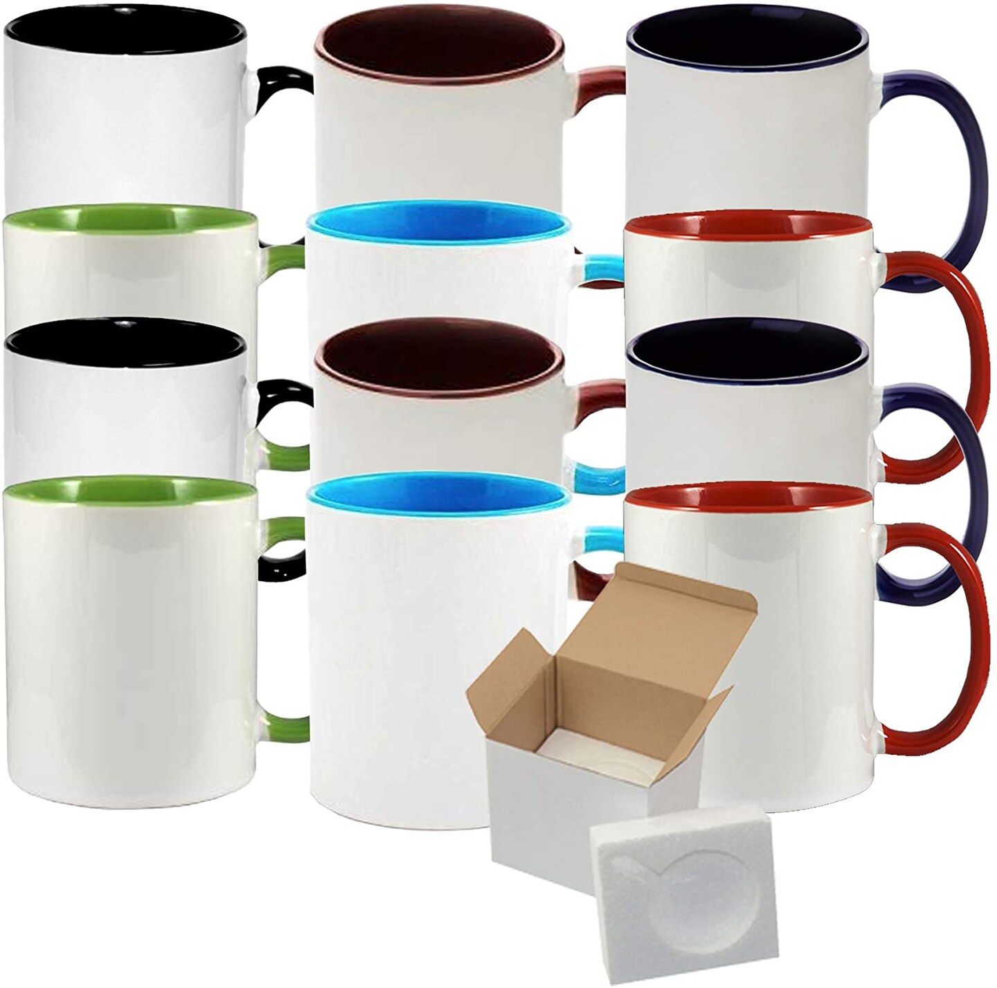 11 oz White Ceramic Sublimation Coffee Mug with MIX Colors Inside/Handle - Cardboard Box with Foam Supports Case of 12