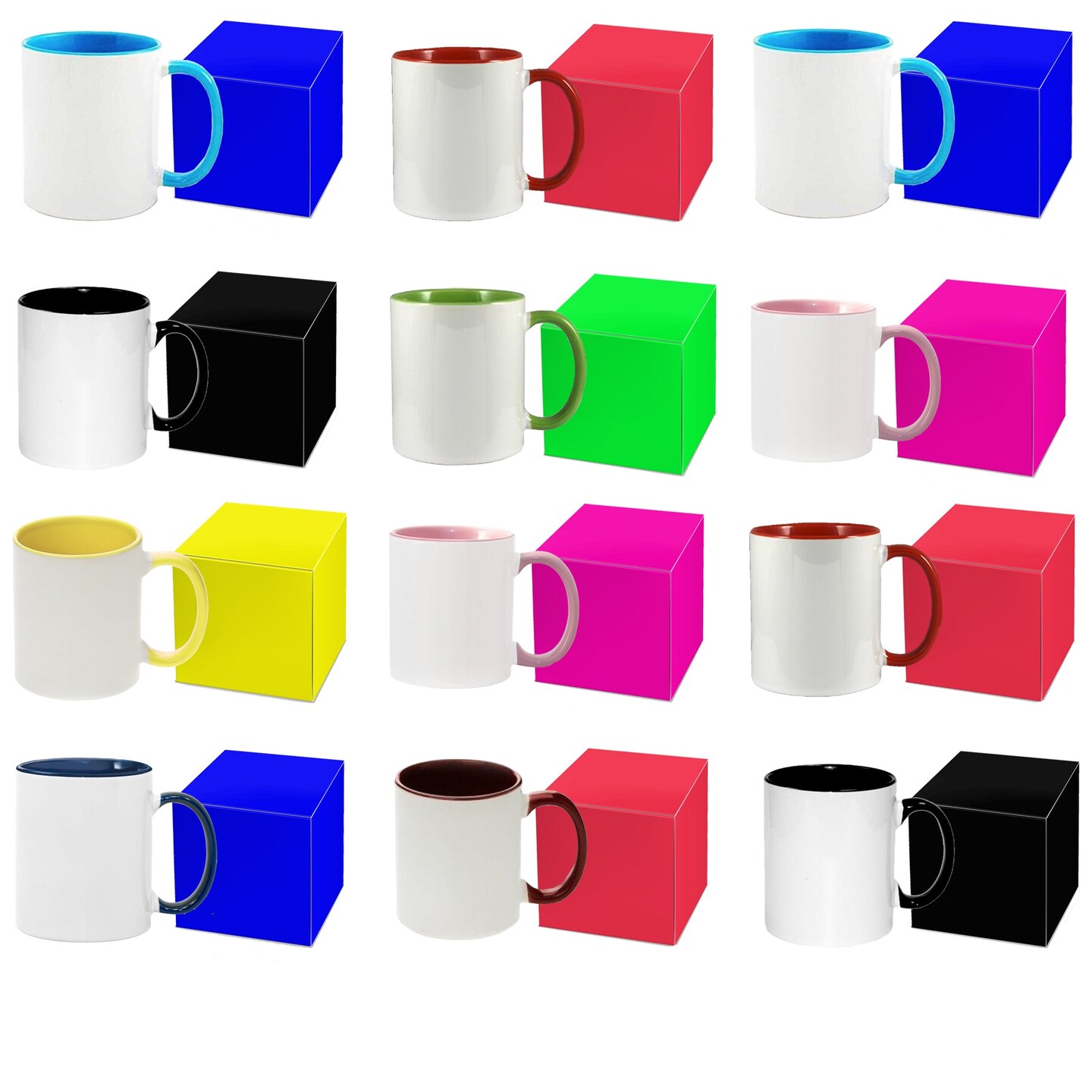 12 Pack of 11OZ MIXED INNER & Handle Sublimation Mug Coated Ceramic Mugs -  Professional Grade - Sublimation Series - Individual MIXED COLOR Boxes