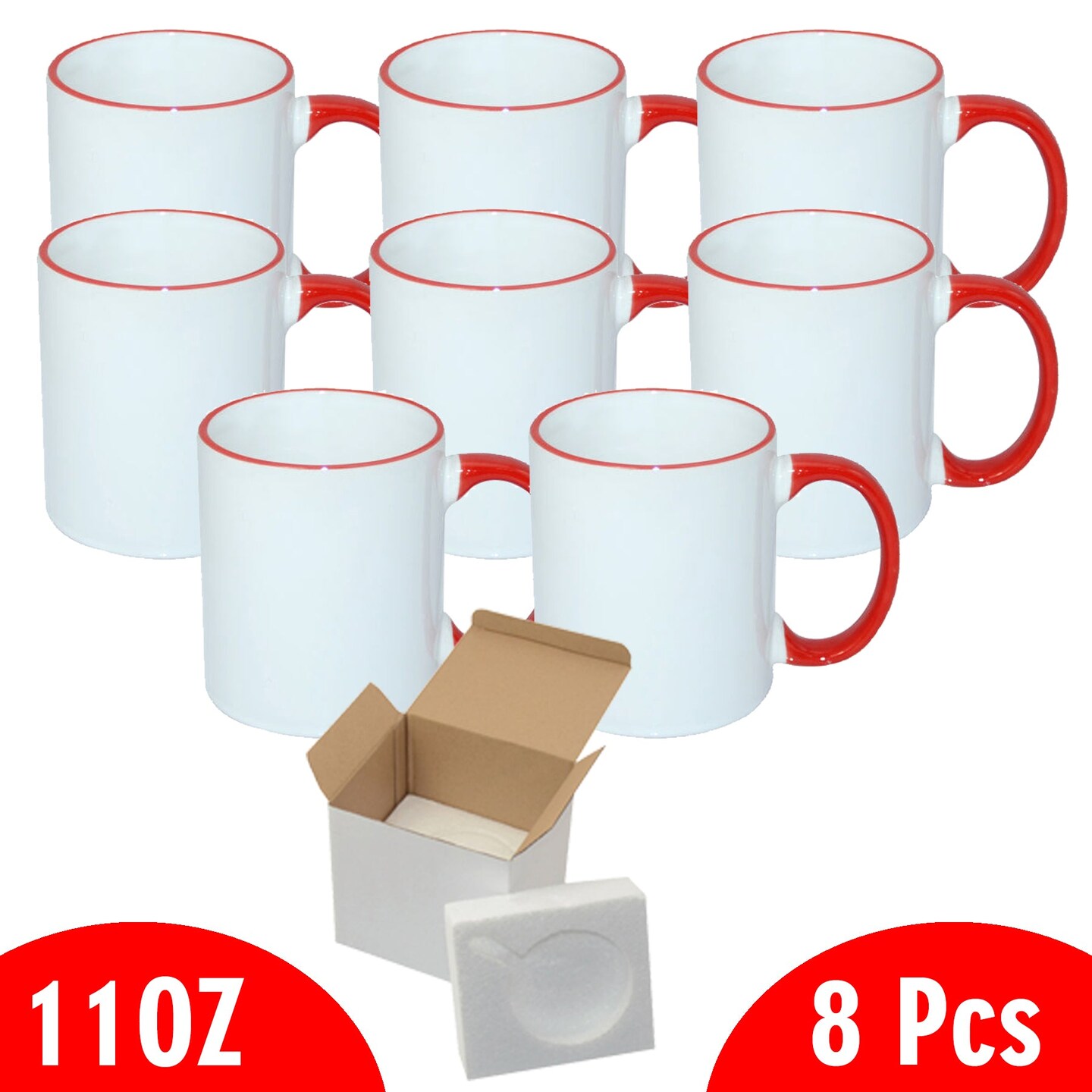 8 Pcs 11OZ Red Rim & Handle Sublimation Mugs With Foam Support Boxes