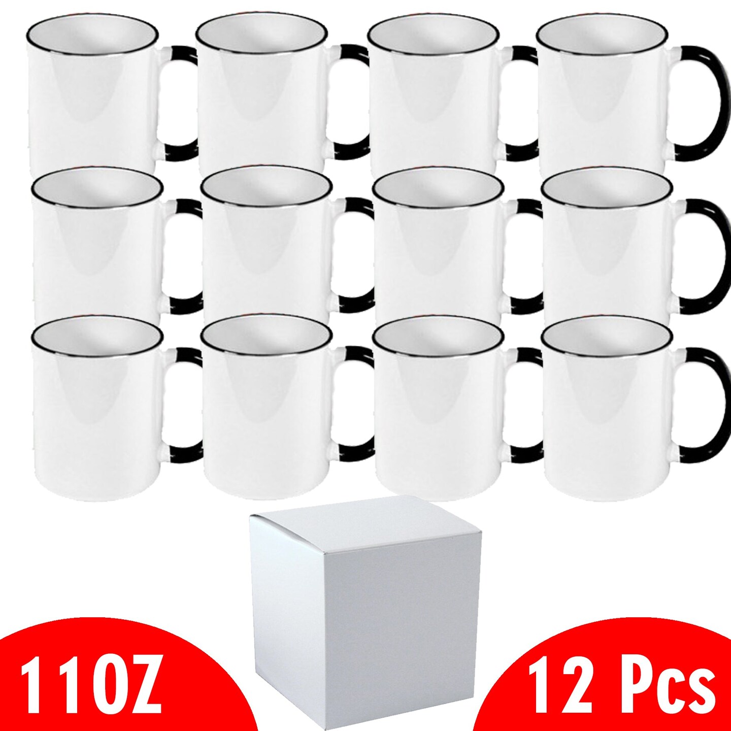 Black Rim & Handle Sublimation Mugs Set  12-Piece with Individual White  Boxes - Mugsie