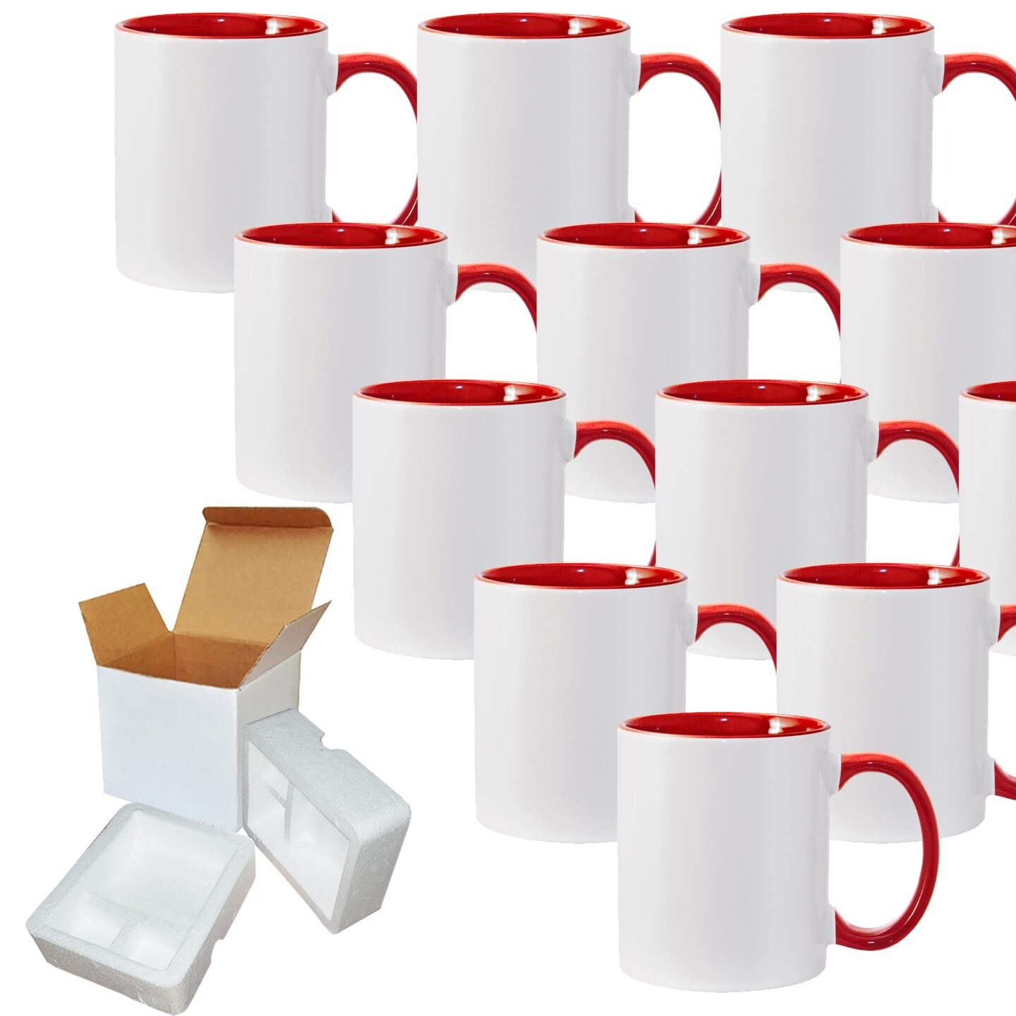 11 oz White Ceramic Sublimation Coffee Mug with RED Colors Inside/Handle - Cardboard Box with Foam Supports Case of 12