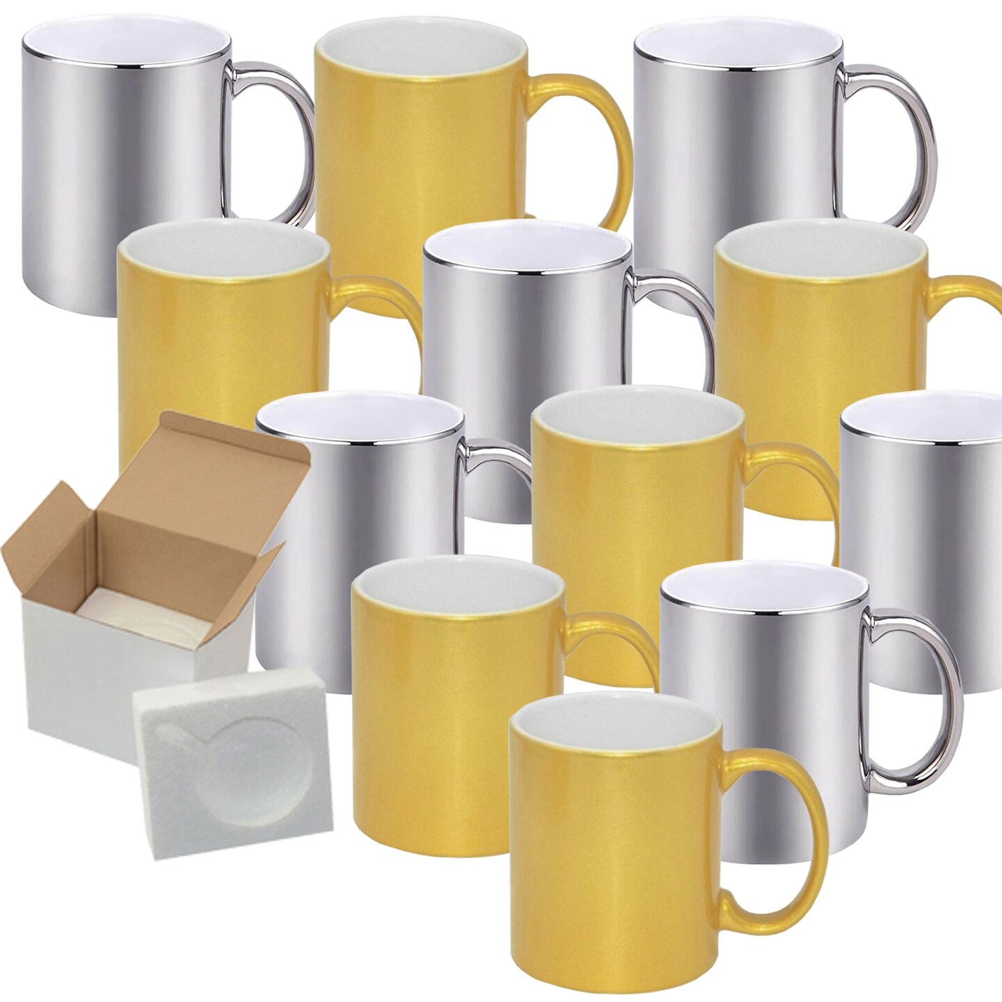12 Pack of 11OZ METALLIC SILVER & GOLD inner & Handle Sublimation Mugs - Professional Grade - Cardboard Box with Foam Supports