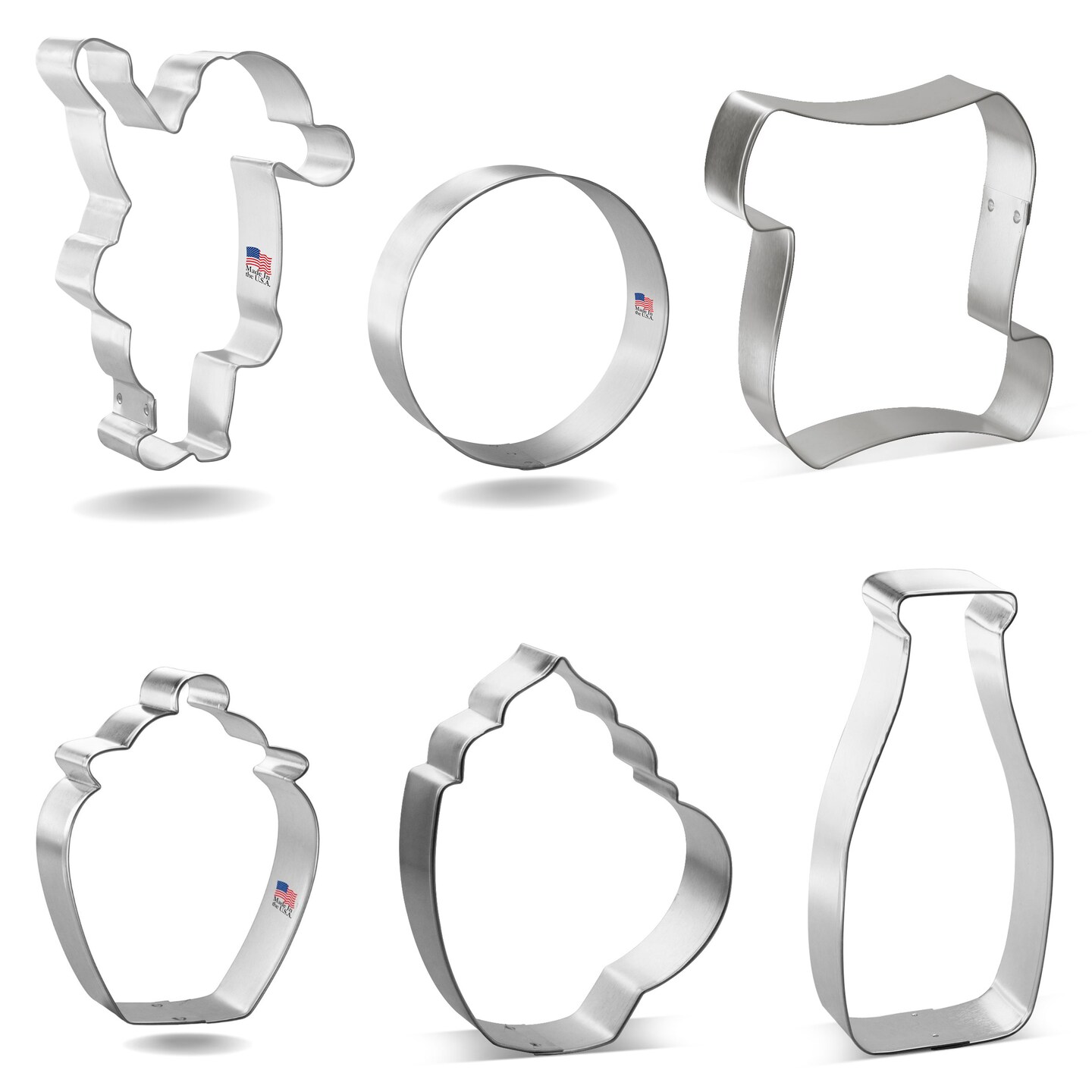 CookieCutter.com 6 Piece Christmas Santa Cookie Cutter Set Scroll, Milk Bottle, Waving Santa, Circle Cookie, Cookie Jar, Coffee Mug, Metal Shapes Made in USA, Silver