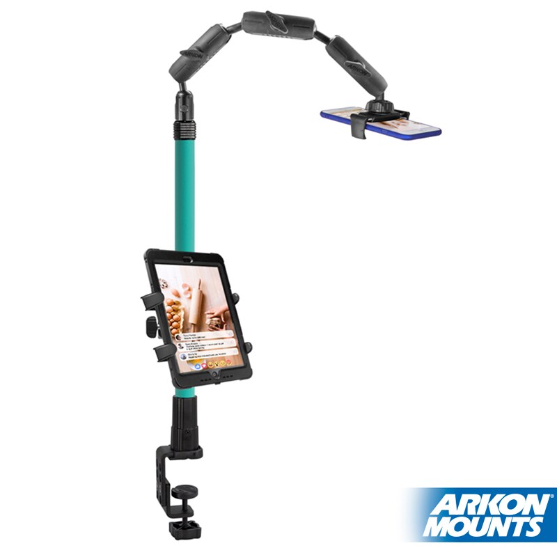 Remarkable Creator Pro+Plus Overhead Phone or Camera Mount with Tablet Holder and Ring Light, Clamp Mount, Teal, by Arkon Mounts CLAMPRCBTL
