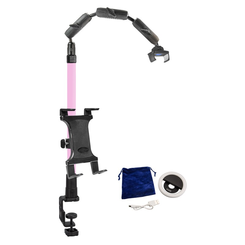 Remarkable Creator Pro+Plus Overhead Phone or Camera Mount with Tablet Holder and Ring Light, Clamp Mount, Pink, by Arkon Mounts CLAMPRCBPK