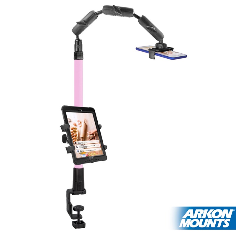 Remarkable Creator Pro+Plus Overhead Phone or Camera Mount with Tablet Holder and Ring Light, Clamp Mount, Pink, by Arkon Mounts CLAMPRCBPK