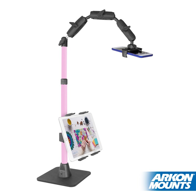 Remarkable Creator Pro+Plus Overhead Phone or Camera Mount with Tablet Holder and Ring Light, Desk Mount, Pink, by Arkon Mounts RCBTABLEDPK