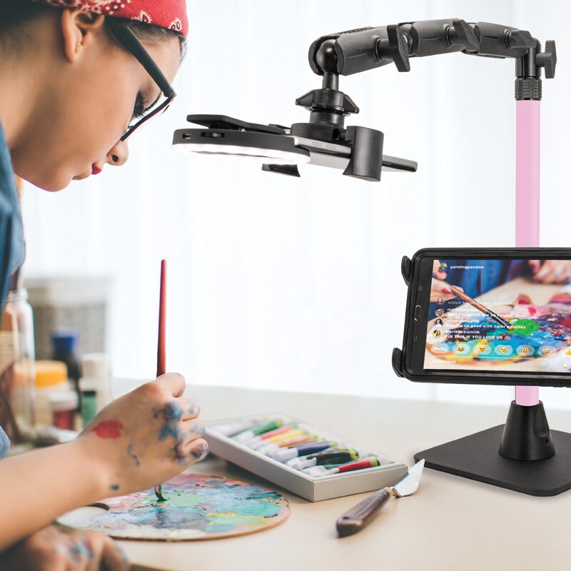 Remarkable Creator Pro+Plus Overhead Phone or Camera Mount with Tablet Holder and Ring Light, Desk Mount, Pink, by Arkon Mounts RCBTABLEDPK