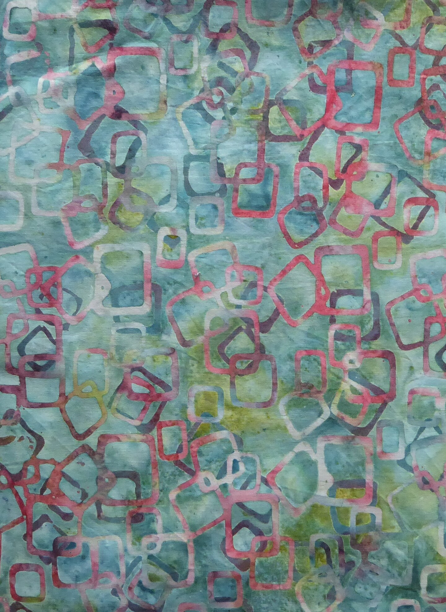 Batavia Batiks Green with Salmon Squares ,Cotton Batik, Sold by the yard