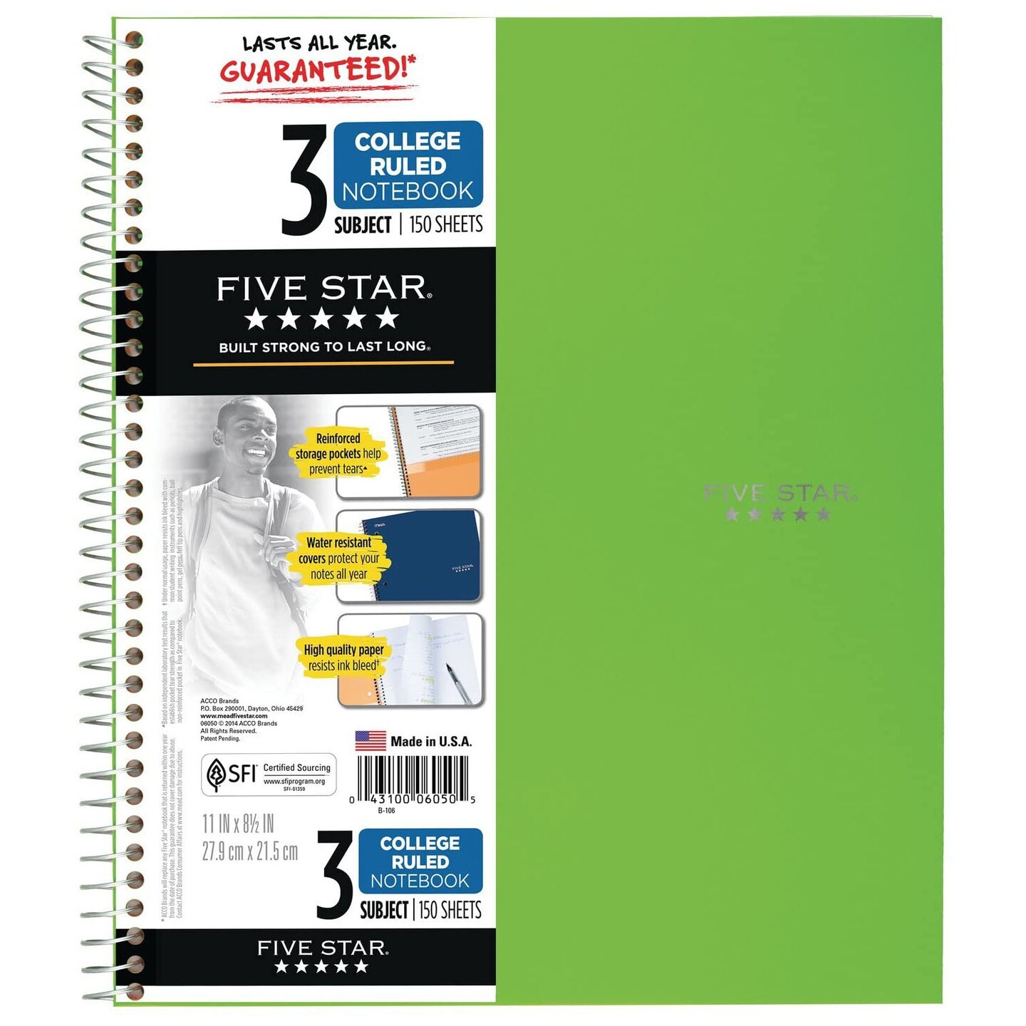 Five Star Spiral Notebooks, 3 Subject, College Ruled Paper, 150 Sheets, Gray/Lime/Teal, 3 Count