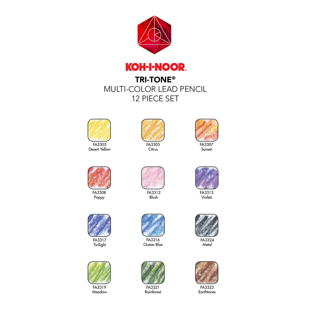 Tri-tone Pencil Set, 12 Piece, Assorted Colors in a Tin, Carded