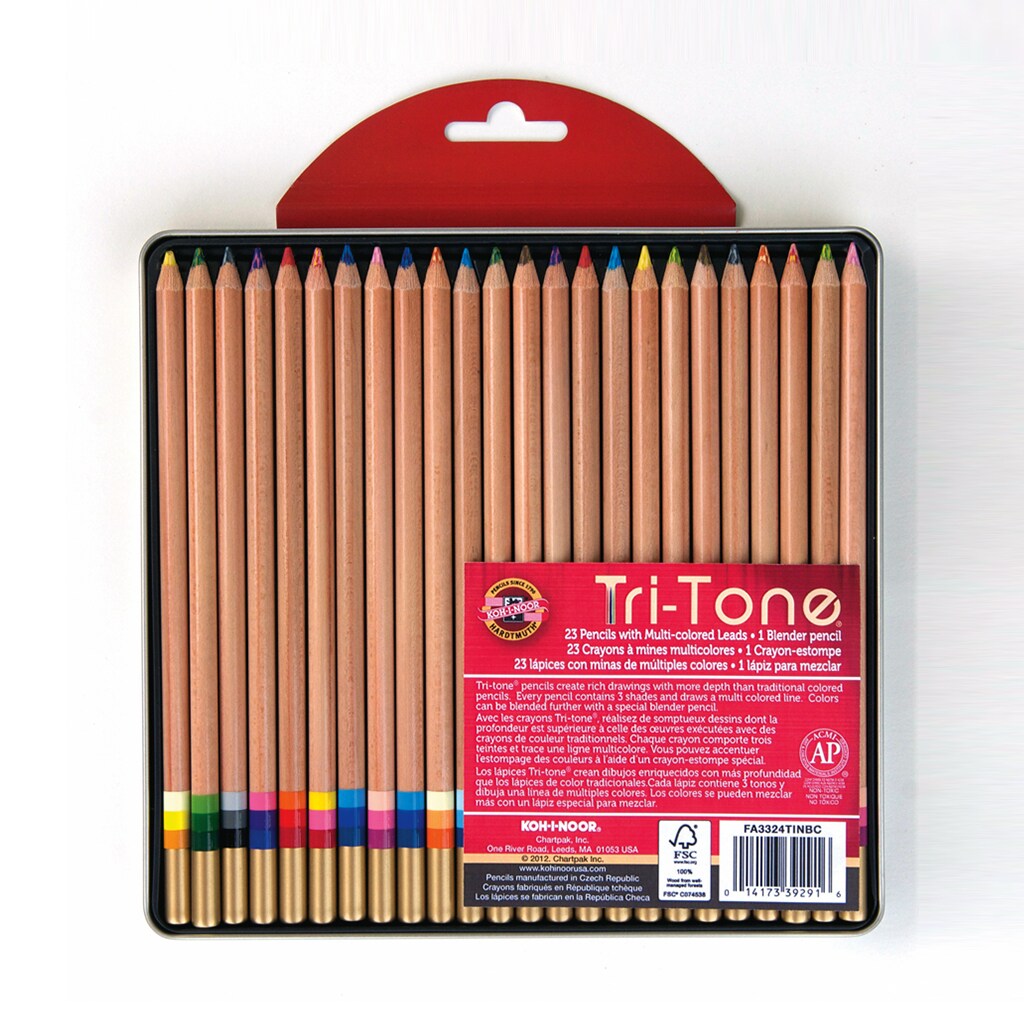 Tri-tone Pencil Set, 24 Piece, Assorted Colors in a Tin, Carded