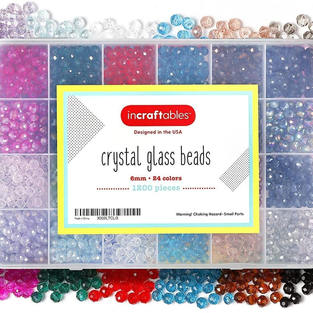 Incraftables Crystal Glass Beads 24 Colors 1200pcs Kit for Jewelry Making, Hair Accessories, & DIY Bracelets. Large 6mm Briolette Rondelle Assorted Crafting Bead with Elastic String for Kids & Adults