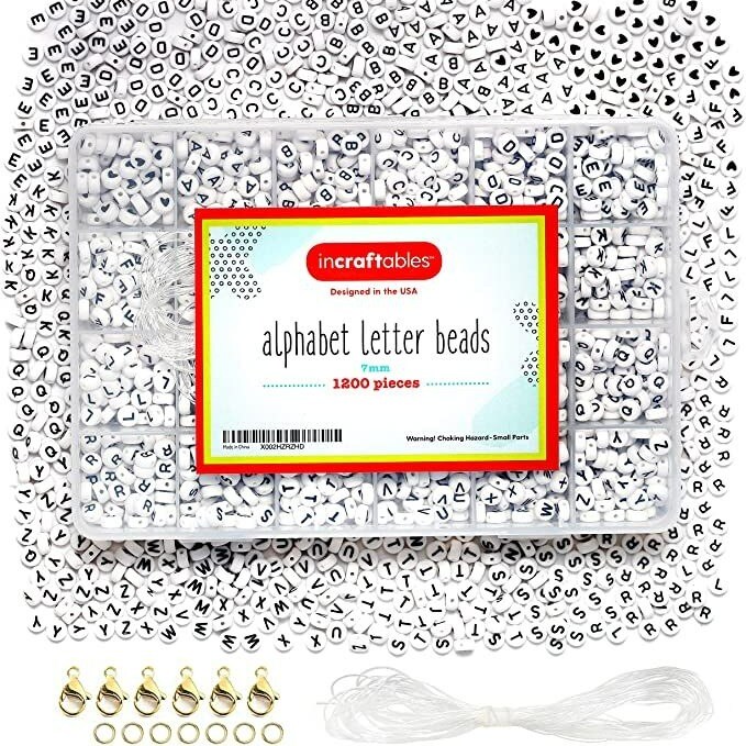 Incraftables 1200pcs Round Letter Beads for Jewelry Making (7mm). A-Z Letters Black Alphabet for DIY Friendship Bracelets & Crafts. ABC Circle & Heart Bead w/ Elastic String, Clasps & Organizer Box
