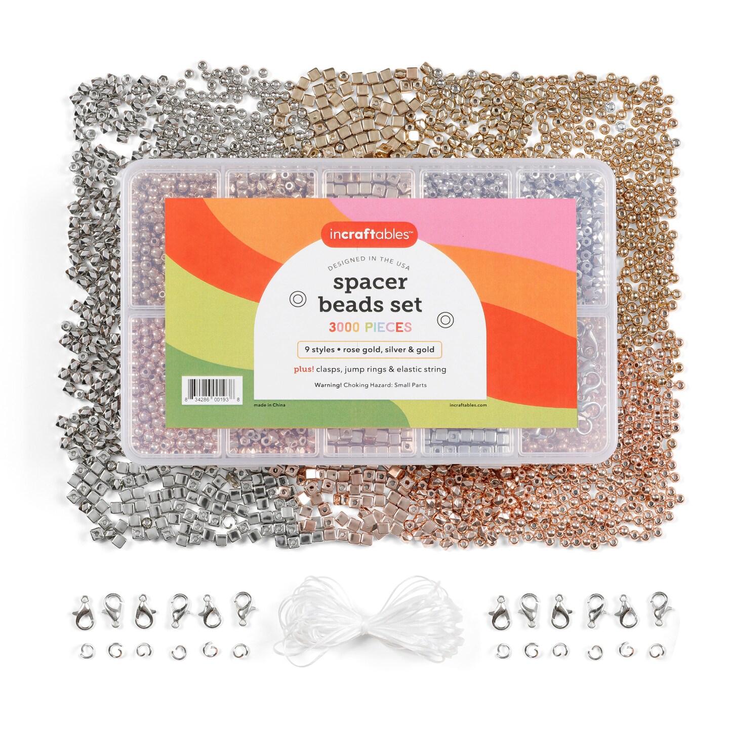 Incraftables 3000pcs Spacer Beads Set for Jewelry Making (Gold, Silver & Rose Gold). Best Rondelle Cube, Round Ball & Square Spacers Bead Kit for DIY Bracelet with Clasps, Elastic String & Organizer