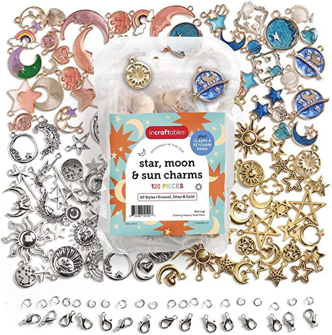 Incraftables Sun, Moon & Star Charms Pendants for DIY Bracelets, Jewelry,  Keychain & Necklace Making. Bulk Mixed Assorted Enamel, Gold & Silver Charm  set for Kids & Adults 120pcs (60 styles).