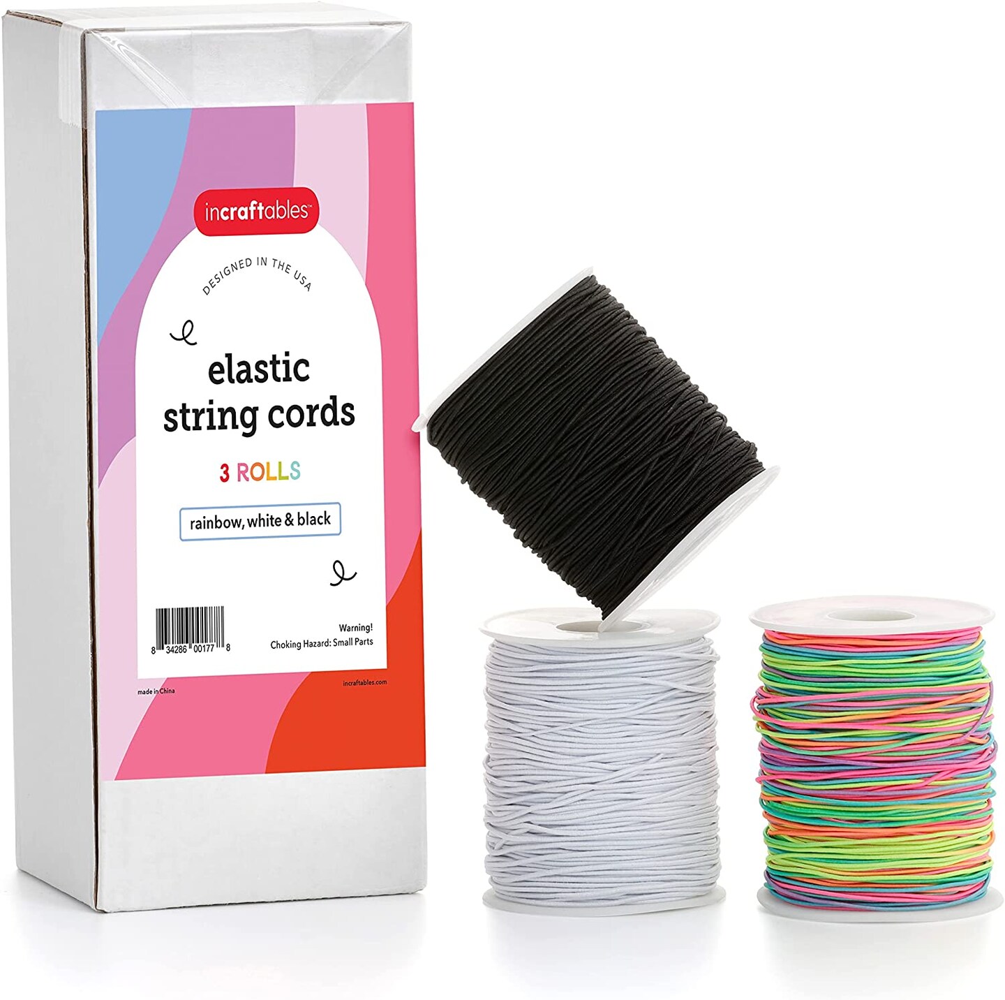 Incraftables Elastic String Cord Set of 3 Rolls (White, Black &#x26; Rainbow). Best 1mm Thick Stretchy Cording Set for DIY Bracelet, Jewelry, Necklace &#x26; Bead Making (Each Roll - 100 meters / 328 feet Long)