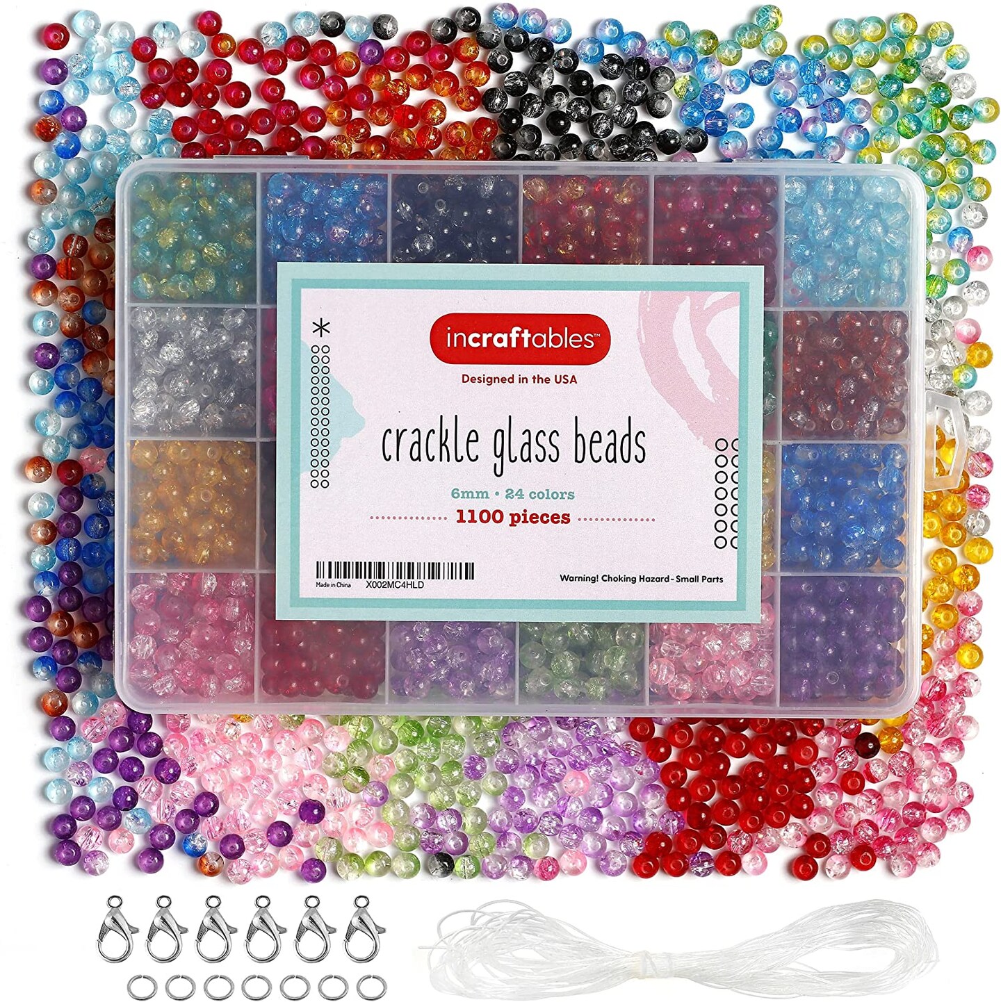 Incraftables Crackle Glass Beads 24 Colors 1100pcs 6mm Kit for Jewelry Making, Hair Accessories, Bracelets, &#x26; Crafts. Multicolor Lampwork Assorted Crafting Bead with Organizer Box for Kids &#x26; Adults
