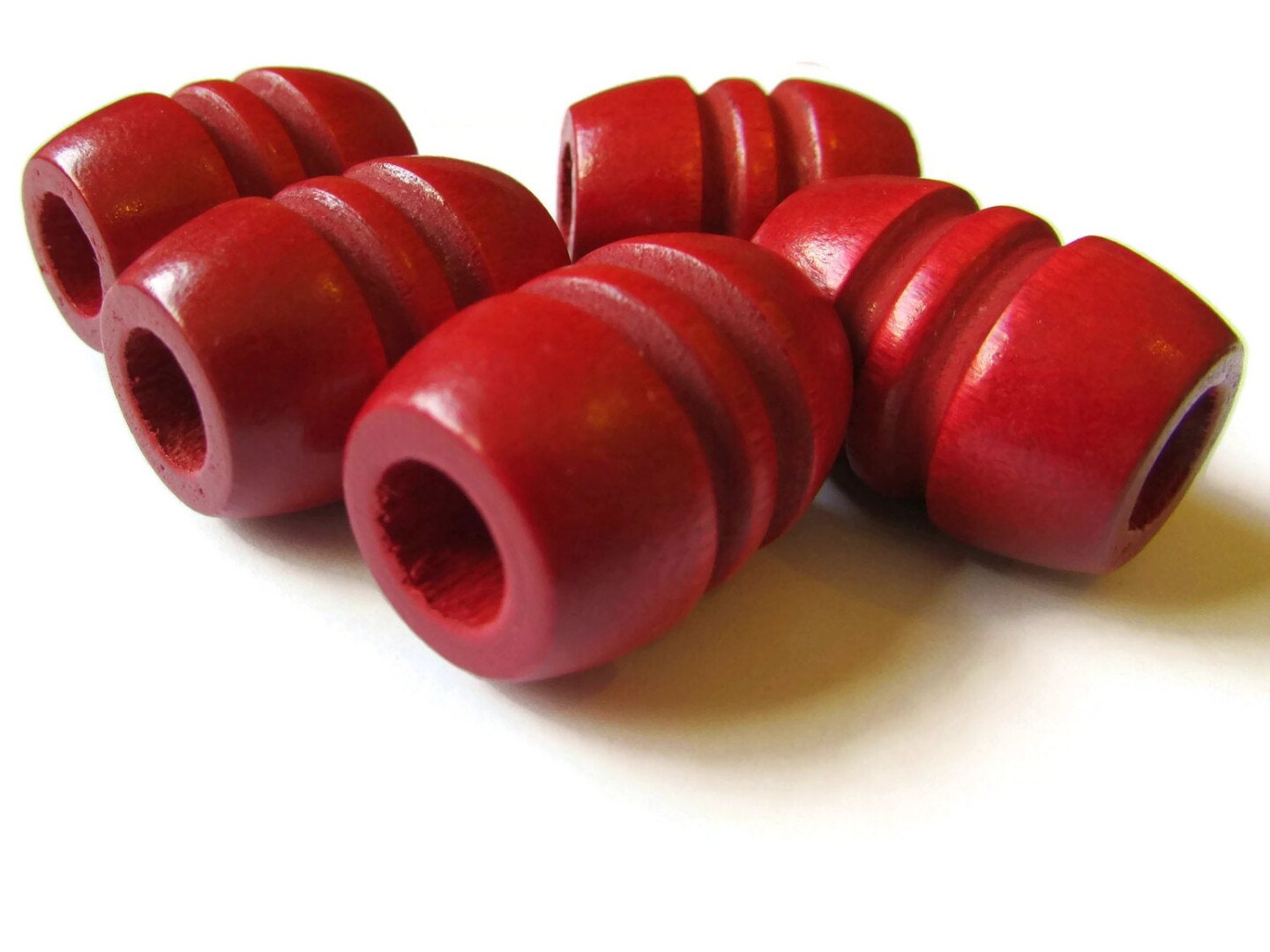 5 28mm Large Hole Red Fluted Barrel Beads Vintage Wood Beads Large
