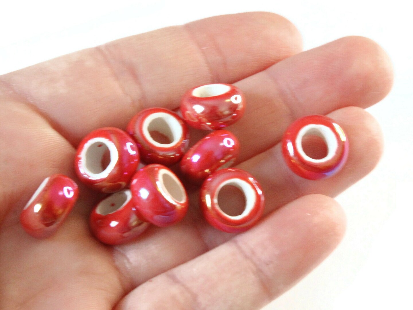 10 13mm Red Porcelain Rondelle Beads Large Hole Beads Large Hole