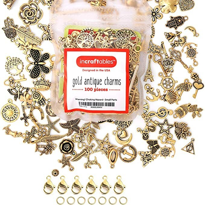 Incraftables 100pcs Gold Charms for Jewelry Making with 15pcs Clasps &#x26; Rings. Best Antique Metal Designer Charm for DIY Bracelets &#x26; Necklaces. Bulk Assorted Charms for Bracelet &#x26; Crafting Supplies