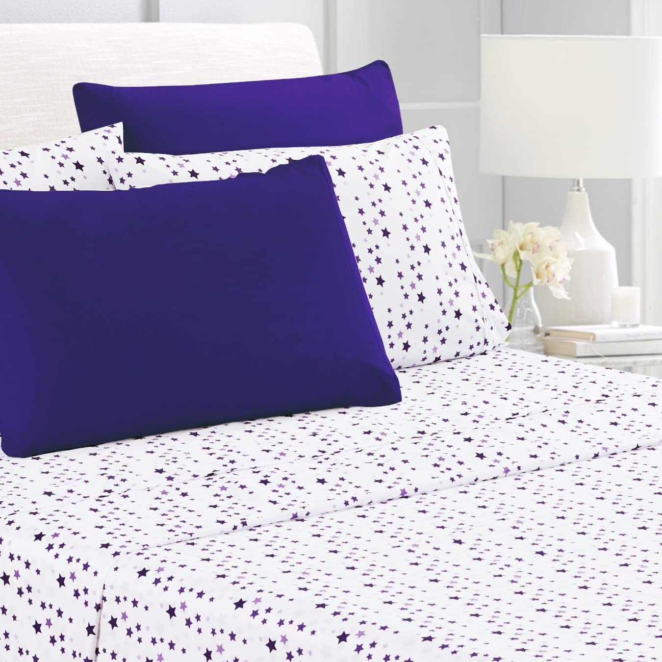 American Home Collection Stars Bedding Sheets &#x26; Pillowcases Set Brushed Microfiber Wrinkle Free Sheet Set