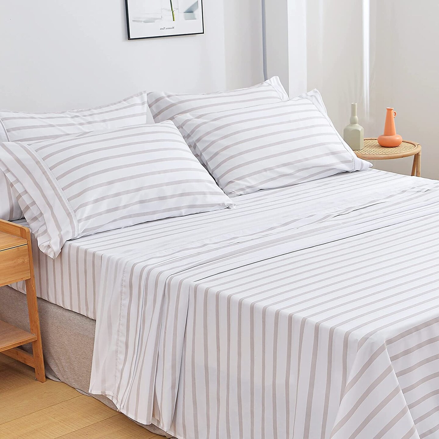 American Home Collection Striped Bedding Sheets &#x26; Pillowcases Set Brushed Microfiber Wrinkle Free Sheet Set