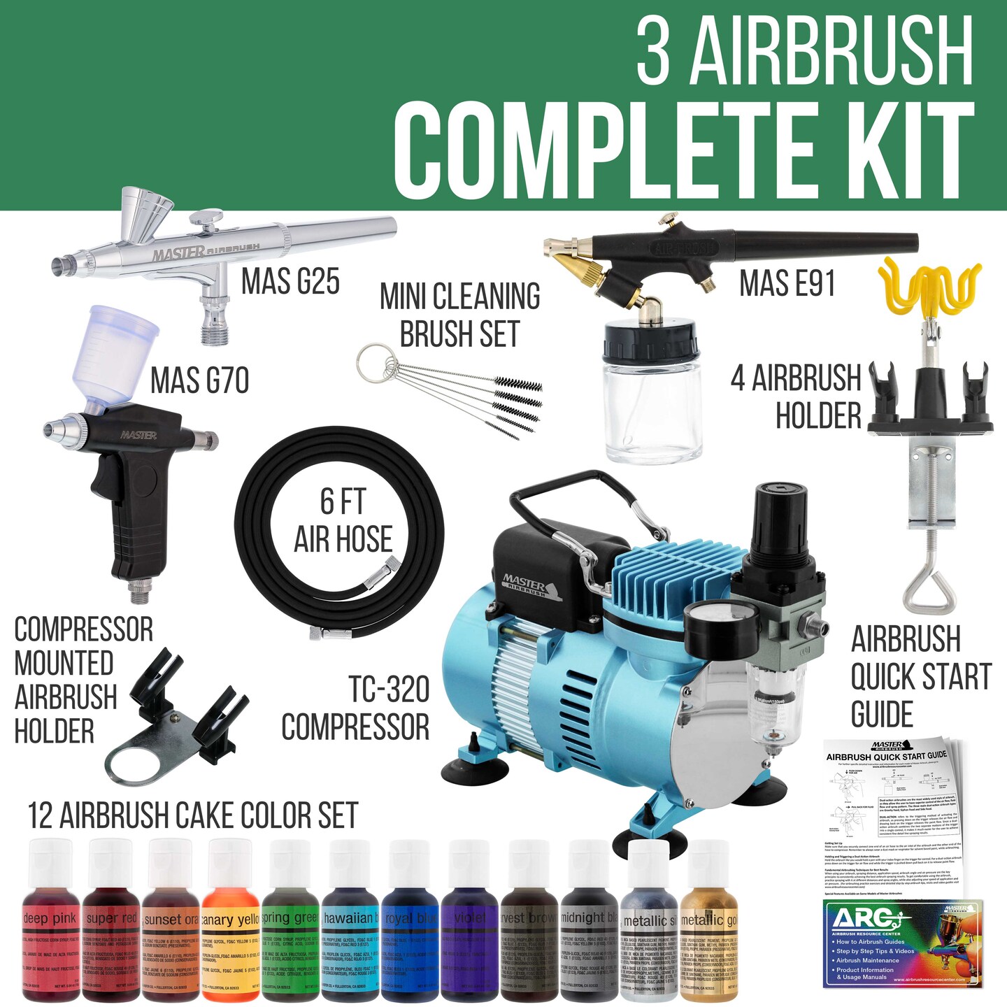Cool Runner II Dual Fan Air Compressor Pro Cake Decorating System Kit with 3 Airbrushes, 12