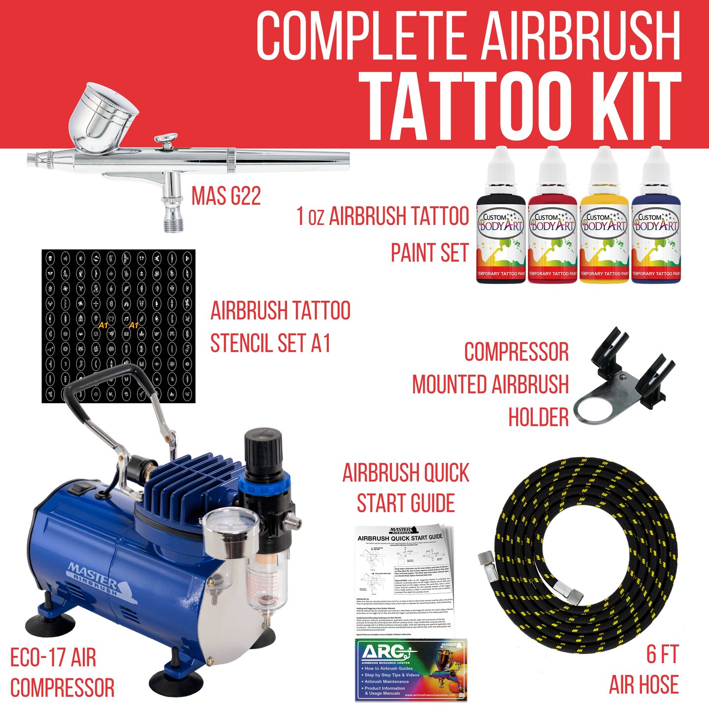 Body Art Airbrush System Compressor Temporary Tattoo Paint Kit 100
