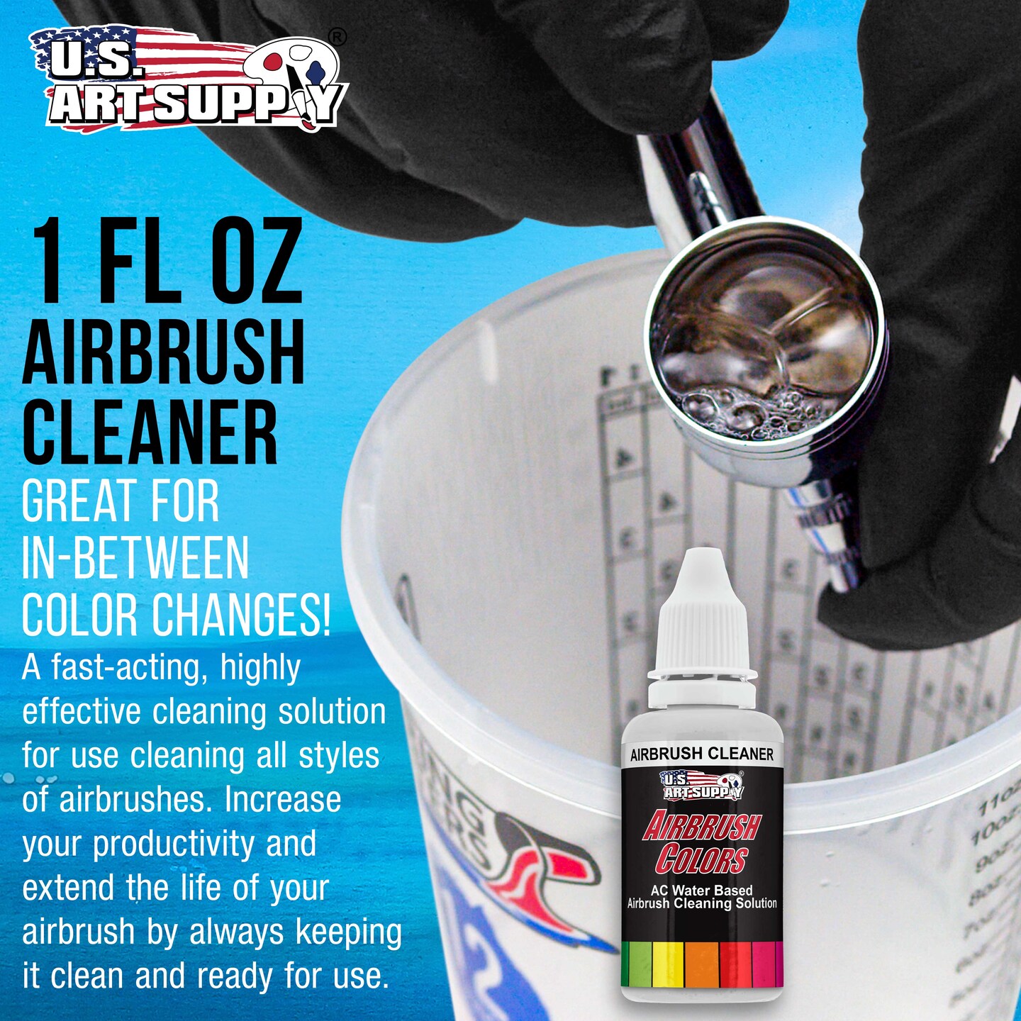 U.S. Art Supply Airbrush Cleaner, 1Ounce Bottle Fast Acting Cleaning Solution, Quickly Remove