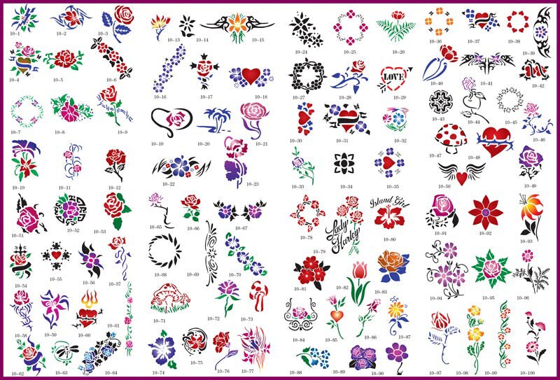 Temporary Tattoo Stencils Booklet Set 10 with 100 Different Self-Adhesive Reusable Stencil Designs