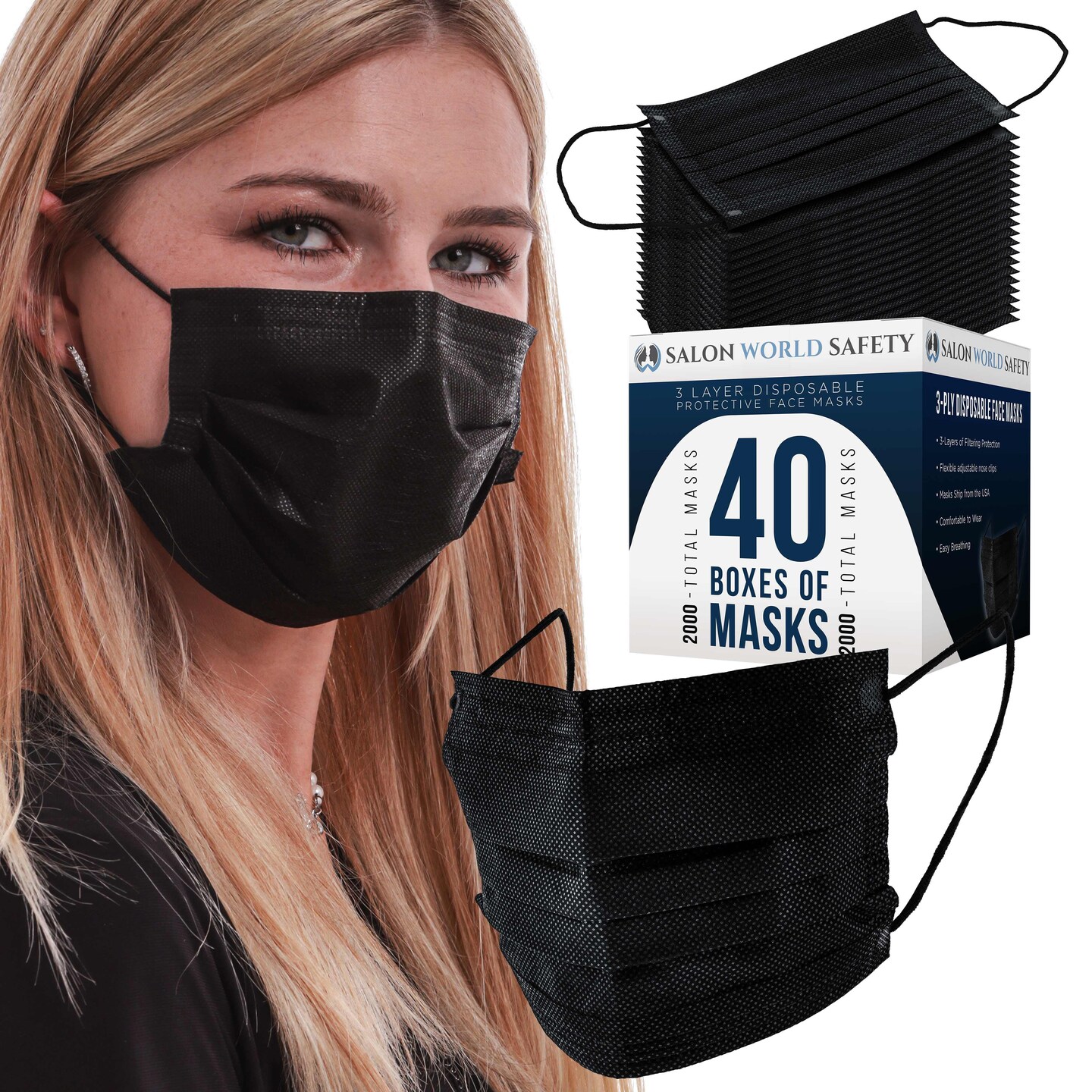 Salon World Safety Black Masks Bulk 40 Boxes (2000 Masks) in Sealed