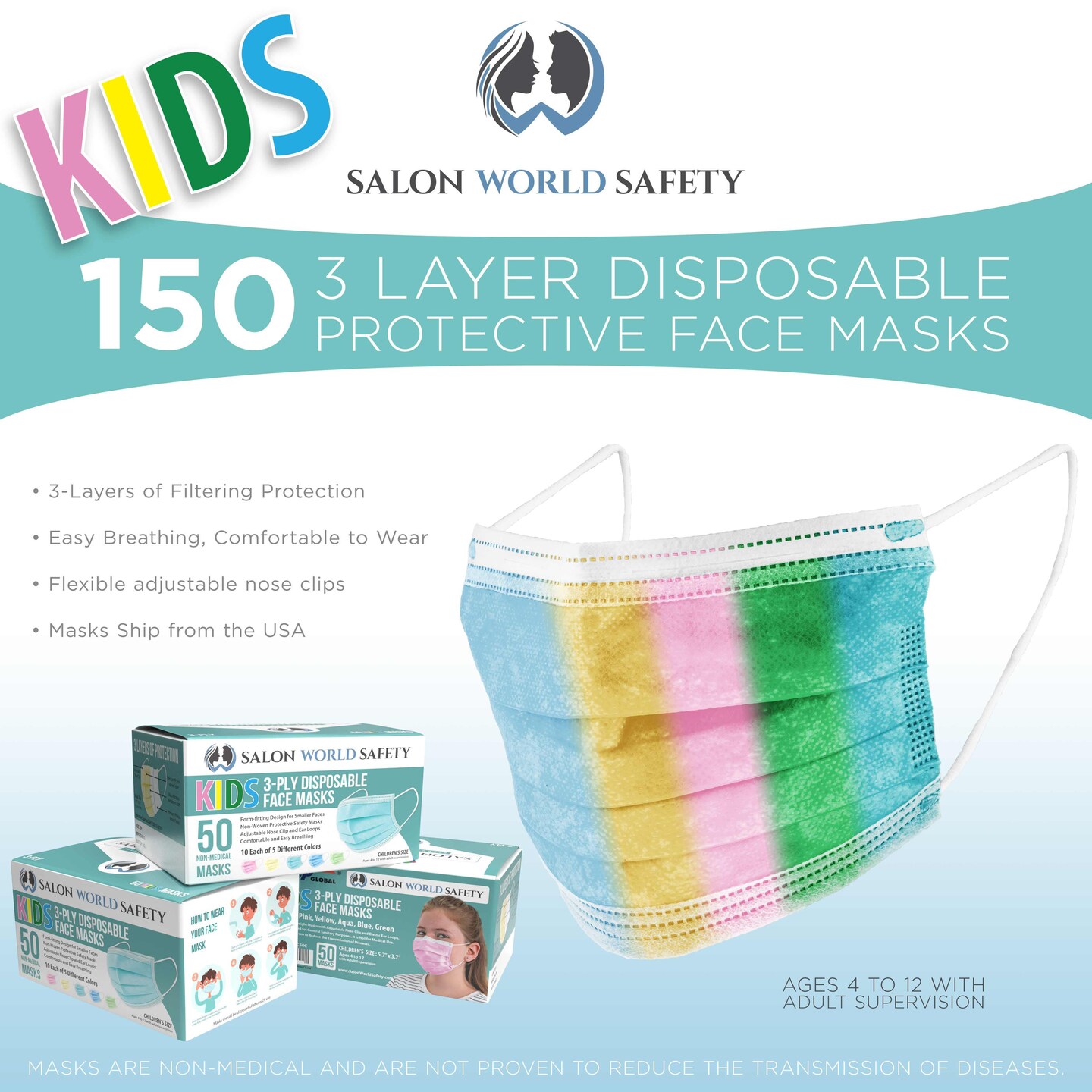 Kids Masks Bulk 3 Boxes (150 Masks) in Sealed Dispenser Boxes of 50