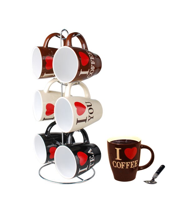 Home Basics I Love Coffee 6 Piece Mug Set with Stand