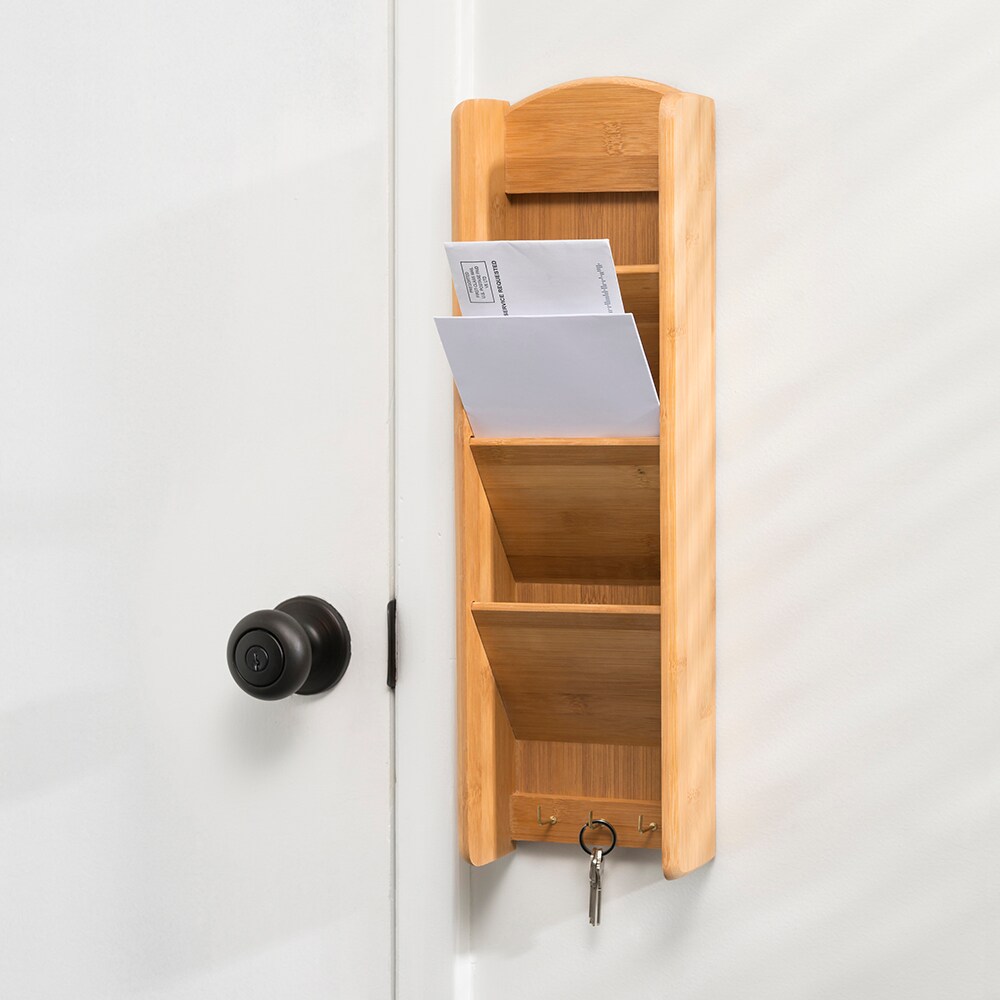 Home Basics 3 Tier Bamboo Letter Rack with Key Hooks