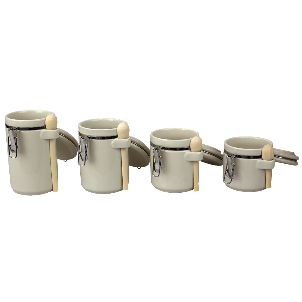 Home Basics 4 Piece Ceramic Canisters  Clamp Top Lid and Wooden Spoons, Beige