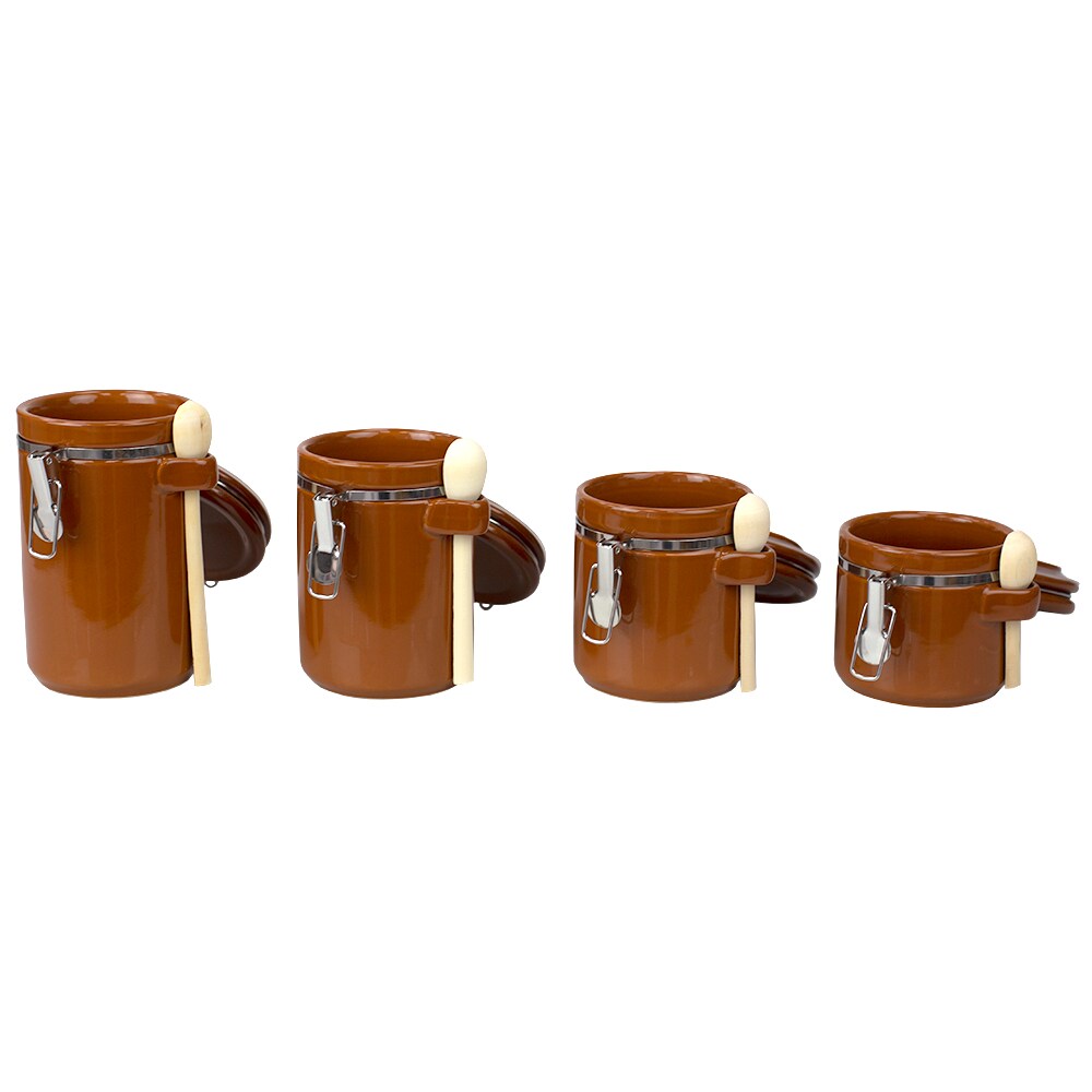 Home Basics 4 Piece Ceramic Canisters  Clamp Top Lid and Wooden Spoons, Brown