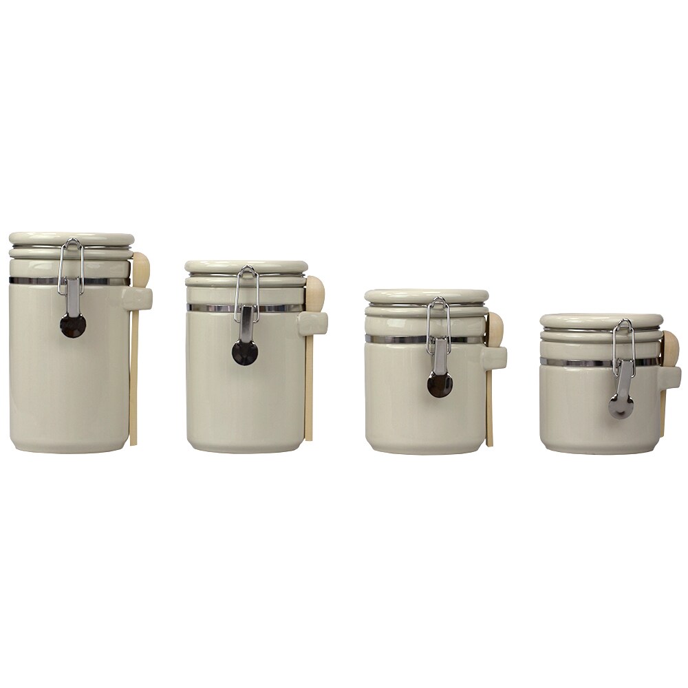 Home Basics 4 Piece Ceramic Canisters  Clamp Top Lid and Wooden Spoons, Beige