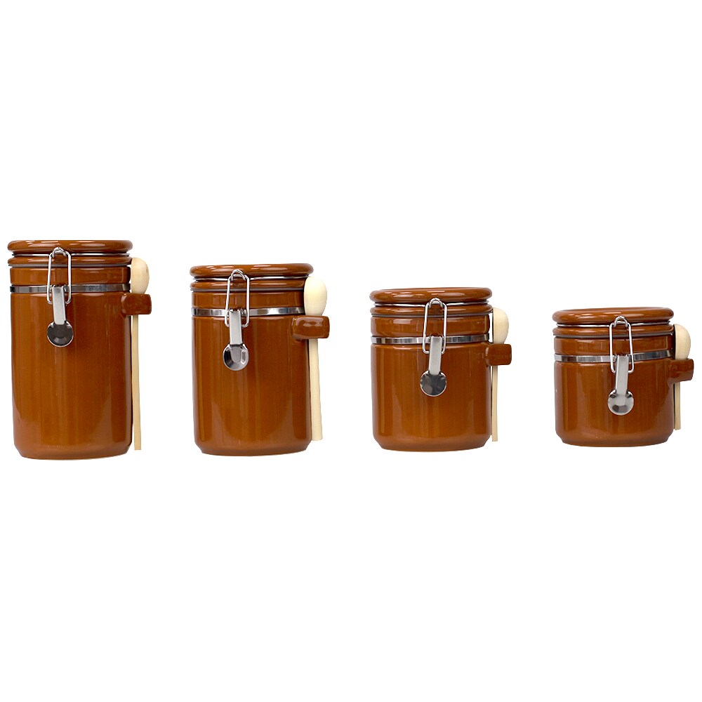 Home Basics 4 Piece Ceramic Canisters  Clamp Top Lid and Wooden Spoons, Brown