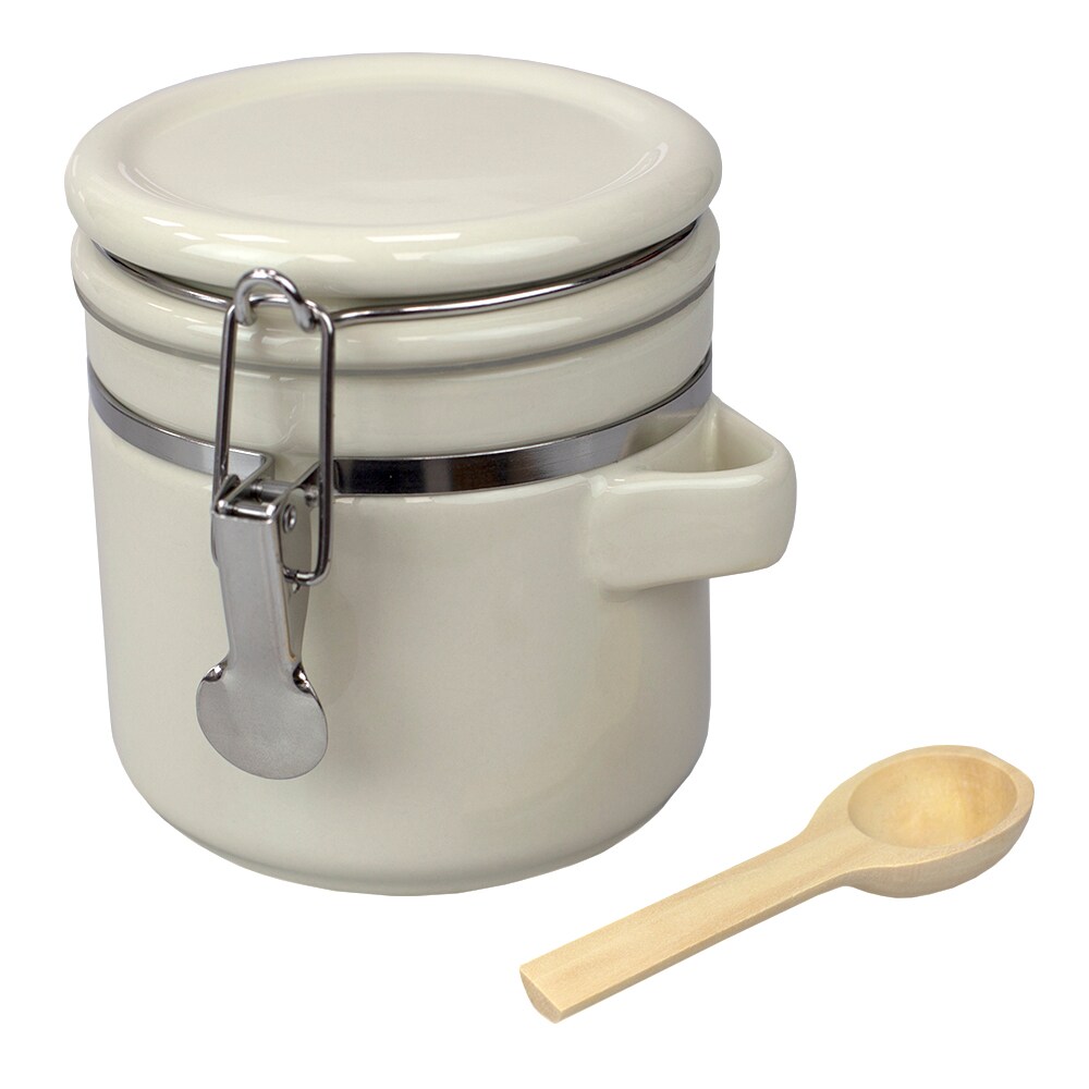 Home Basics 4 Piece Ceramic Canisters  Clamp Top Lid and Wooden Spoons, Beige