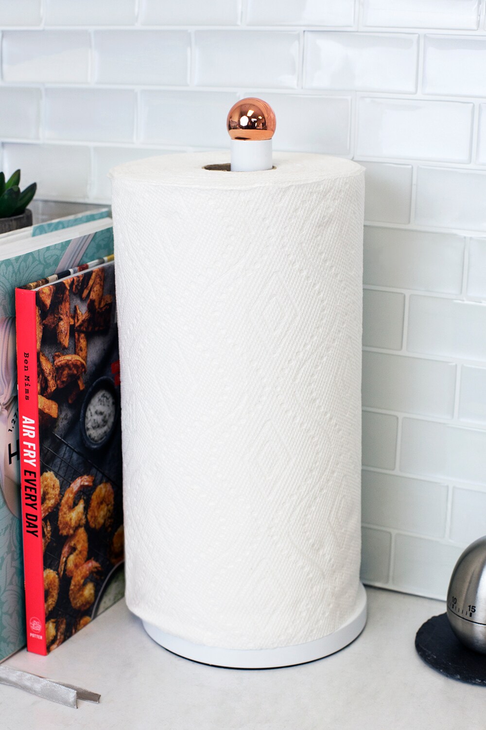 Home Basics Grove Free Standing Paper Towel Holder with Weighted Base and Padded Base, White