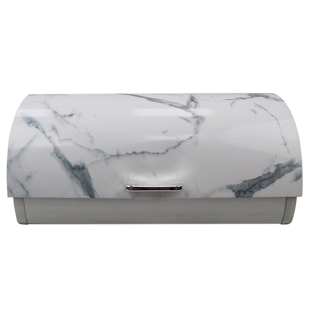 Home Basics Marble Like Roll Top Lid Steel Bread Box, White
